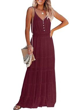 〽️Wine Red Women's Spaghetti Strap V Neck Maxi Dress Flowy Summer Sundress